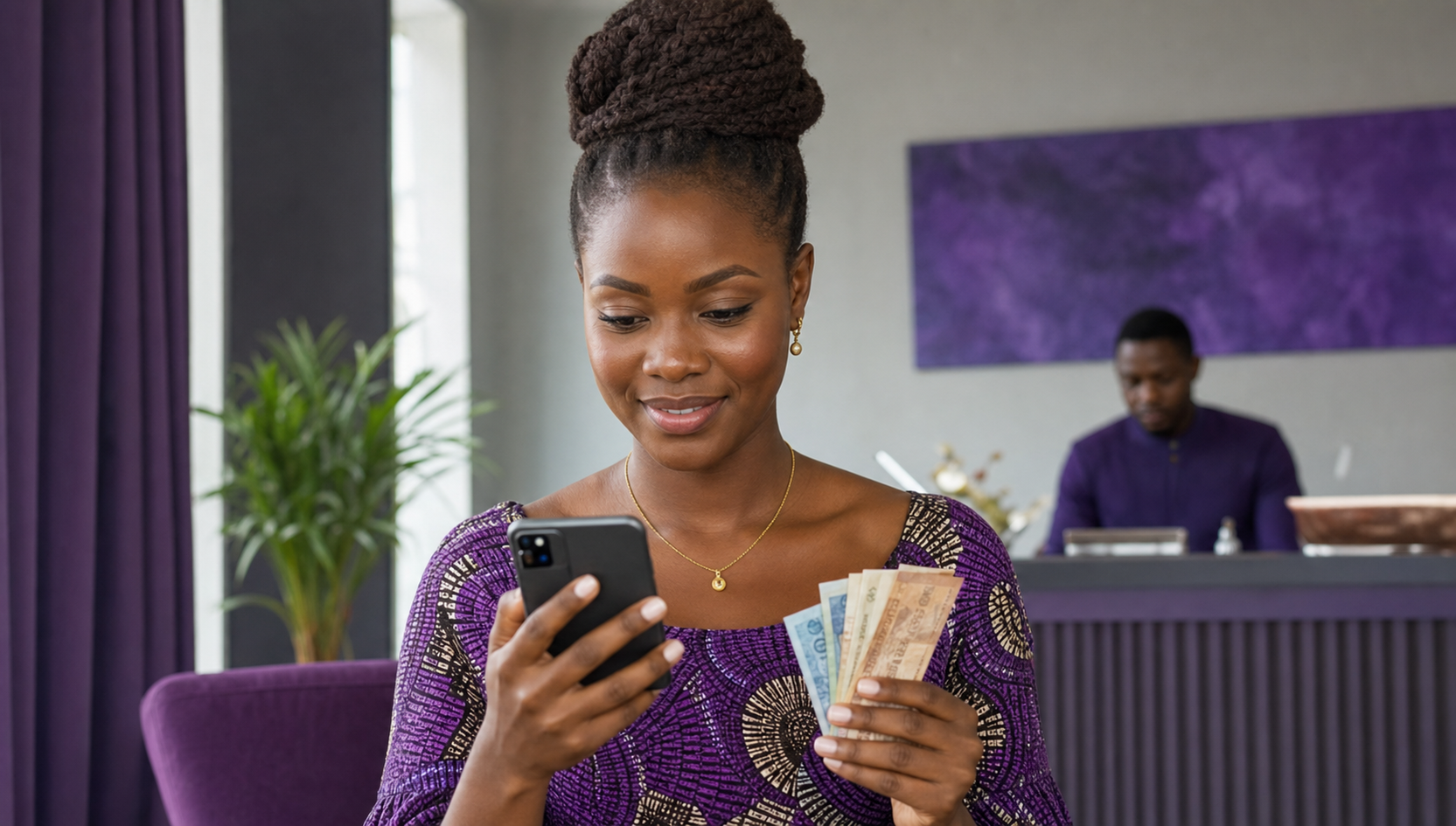 Customer completing a currency exchange on her phone