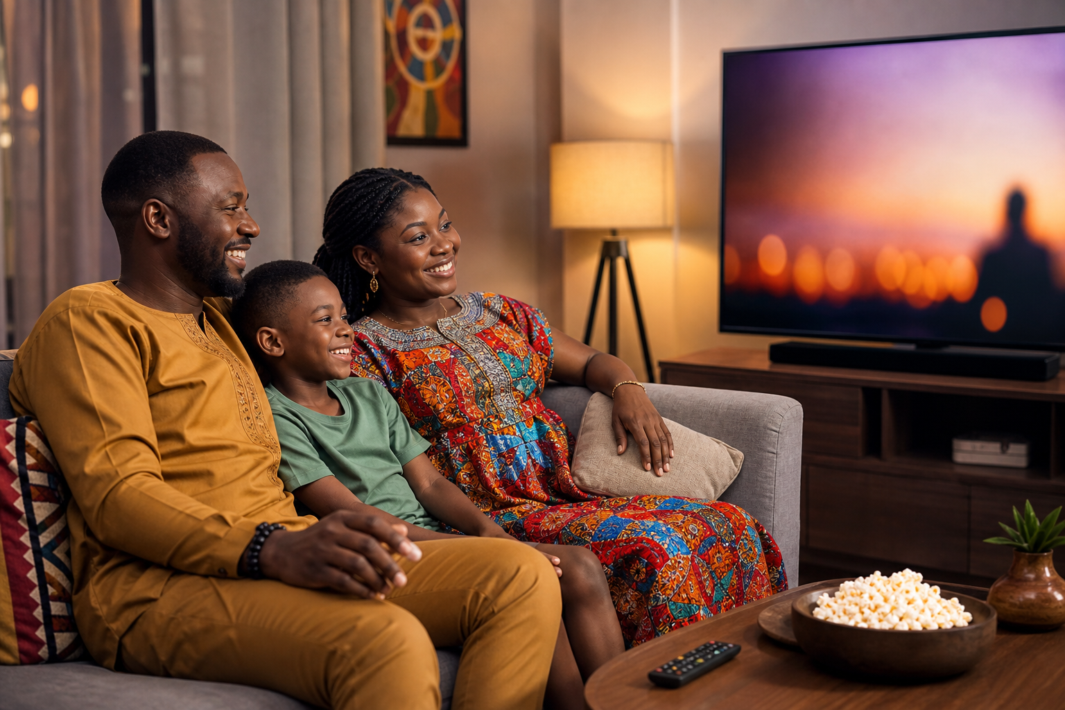 Family enjoying television at home